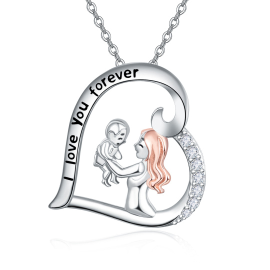 Sterling Silver Two-tone Circular Shaped Cubic Zirconia Mother & Daughter & Heart Pendant Necklace with Engraved Word