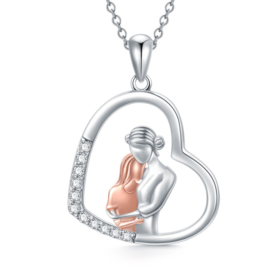 Collier en argent sterling avec pendentif en forme de coeur mère et fille de forme circulaire bicolore