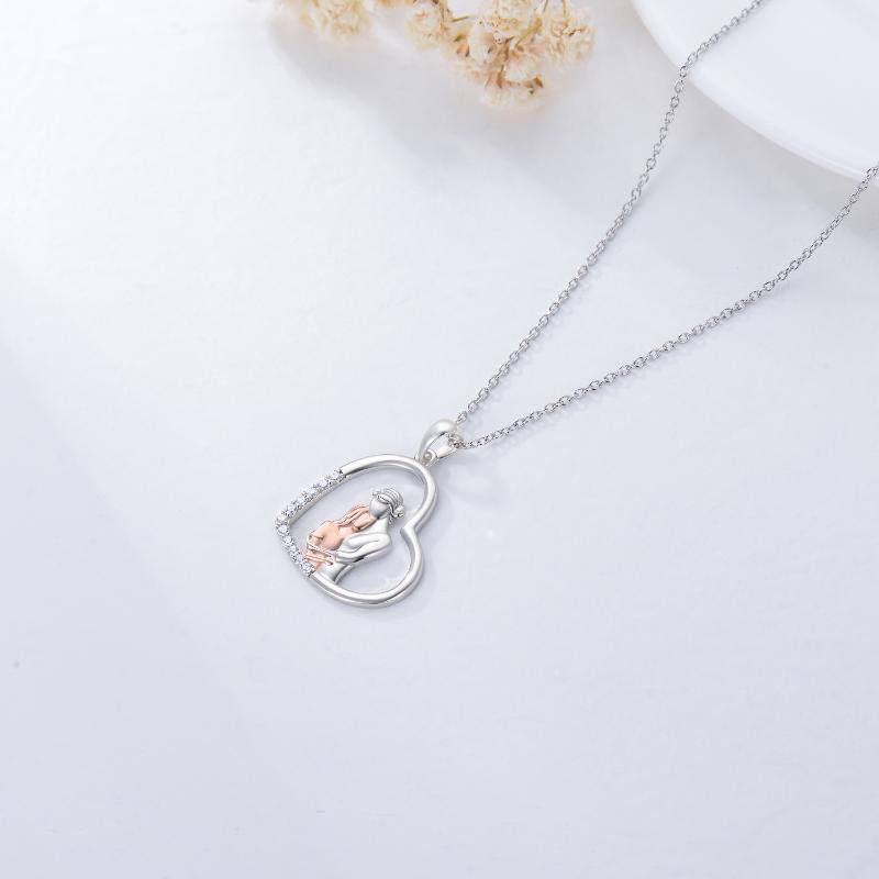 Sterling Silver Two-tone Circular Shaped Mother & Daughter Heart Pendant Necklace-3