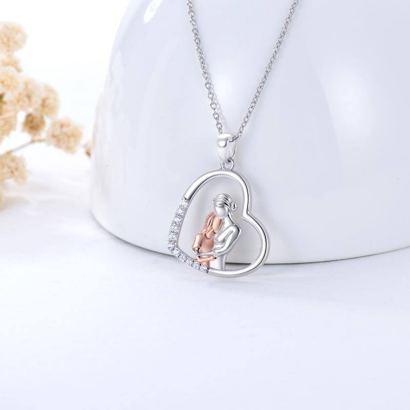 Sterling Silver Two-tone Circular Shaped Mother & Daughter Heart Pendant Necklace-4