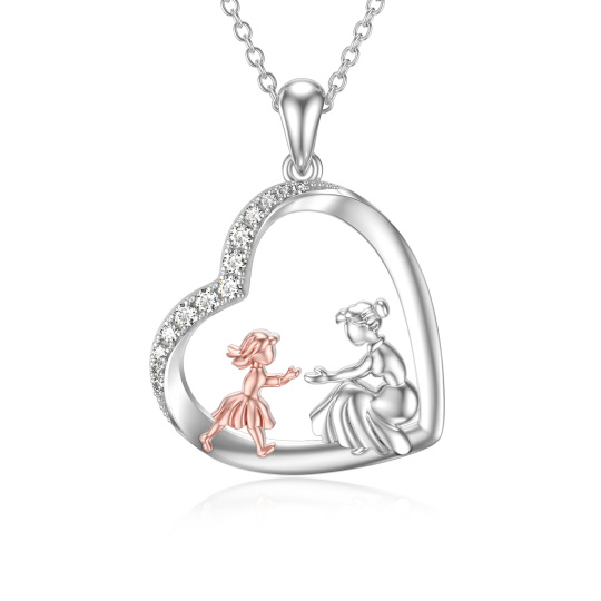 Sterling Silver Two-tone Circular Shaped Cubic Zirconia Mother & Daughter Heart Pendant Necklace