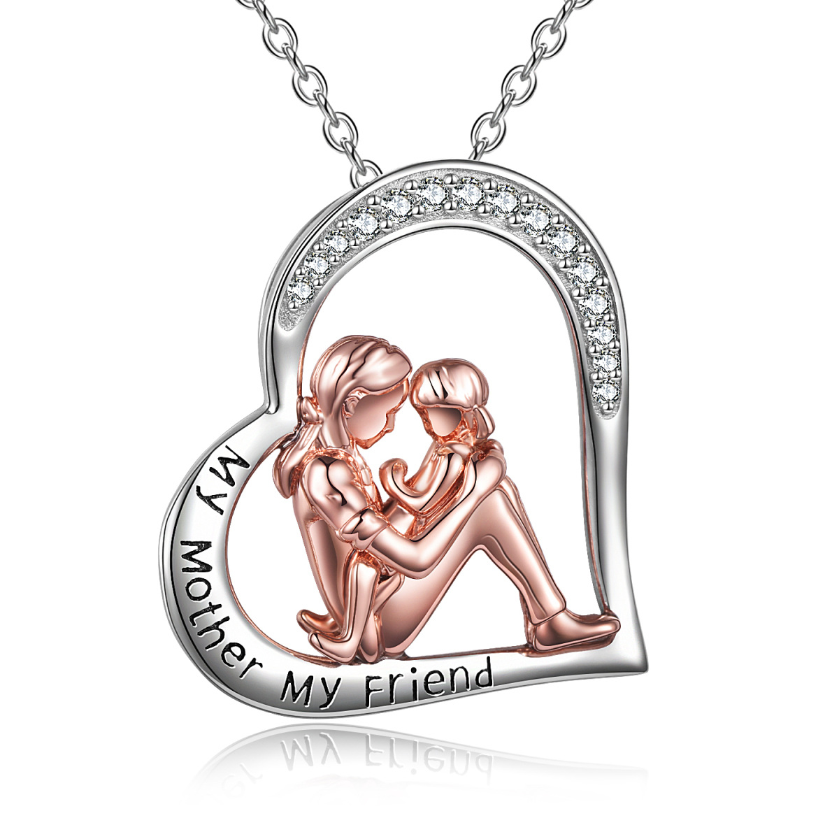 Sterling Silver Two-Tone Circular Cubic Zirconia Mother With Daughter Heart Pendant Necklace With Engraved Words For Women-1