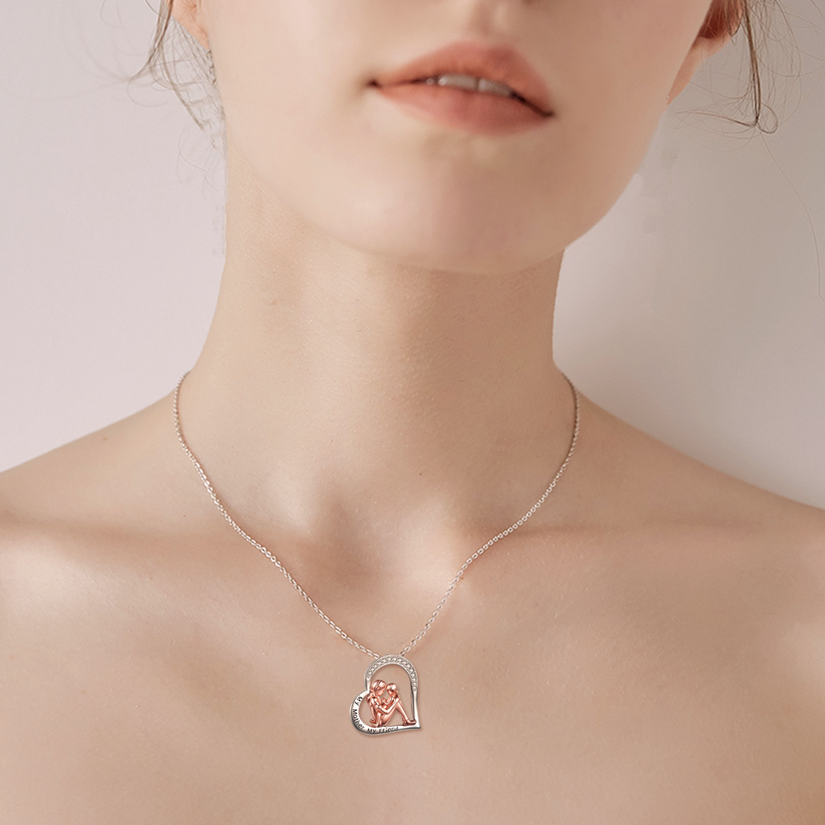 Collier en argent sterling avec pendentif en forme de cœur pour mère et fille, bicolore, zircone cubique circulaire, avec mots gravés pour femme-2