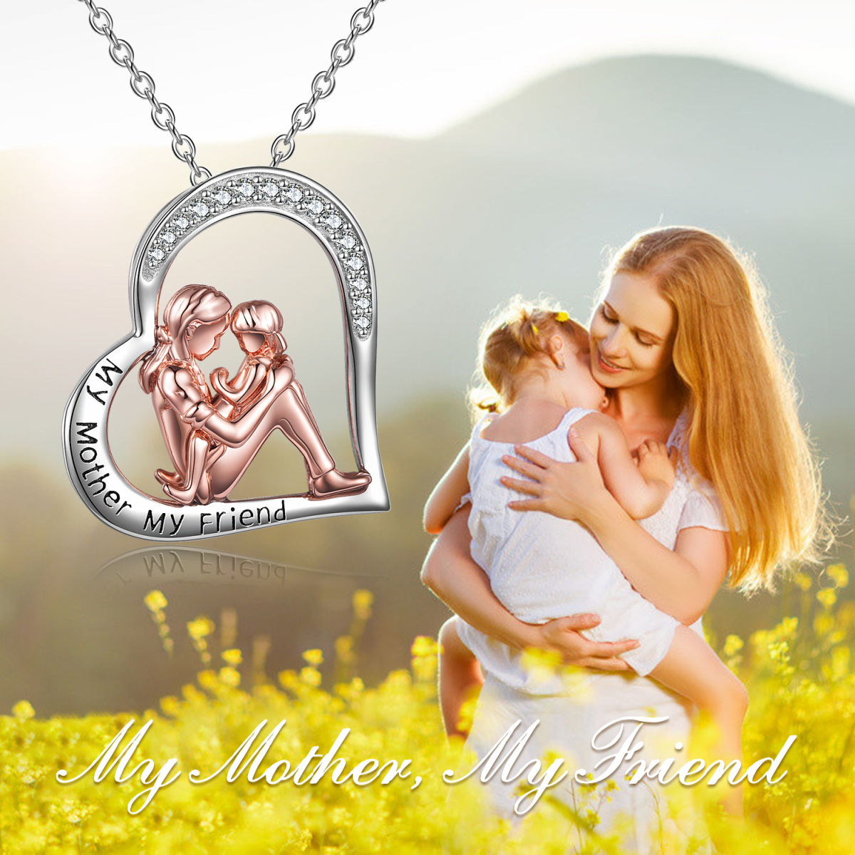 Sterling Silver Two-Tone Circular Cubic Zirconia Mother With Daughter Heart Pendant Necklace With Engraved Words For Women-5