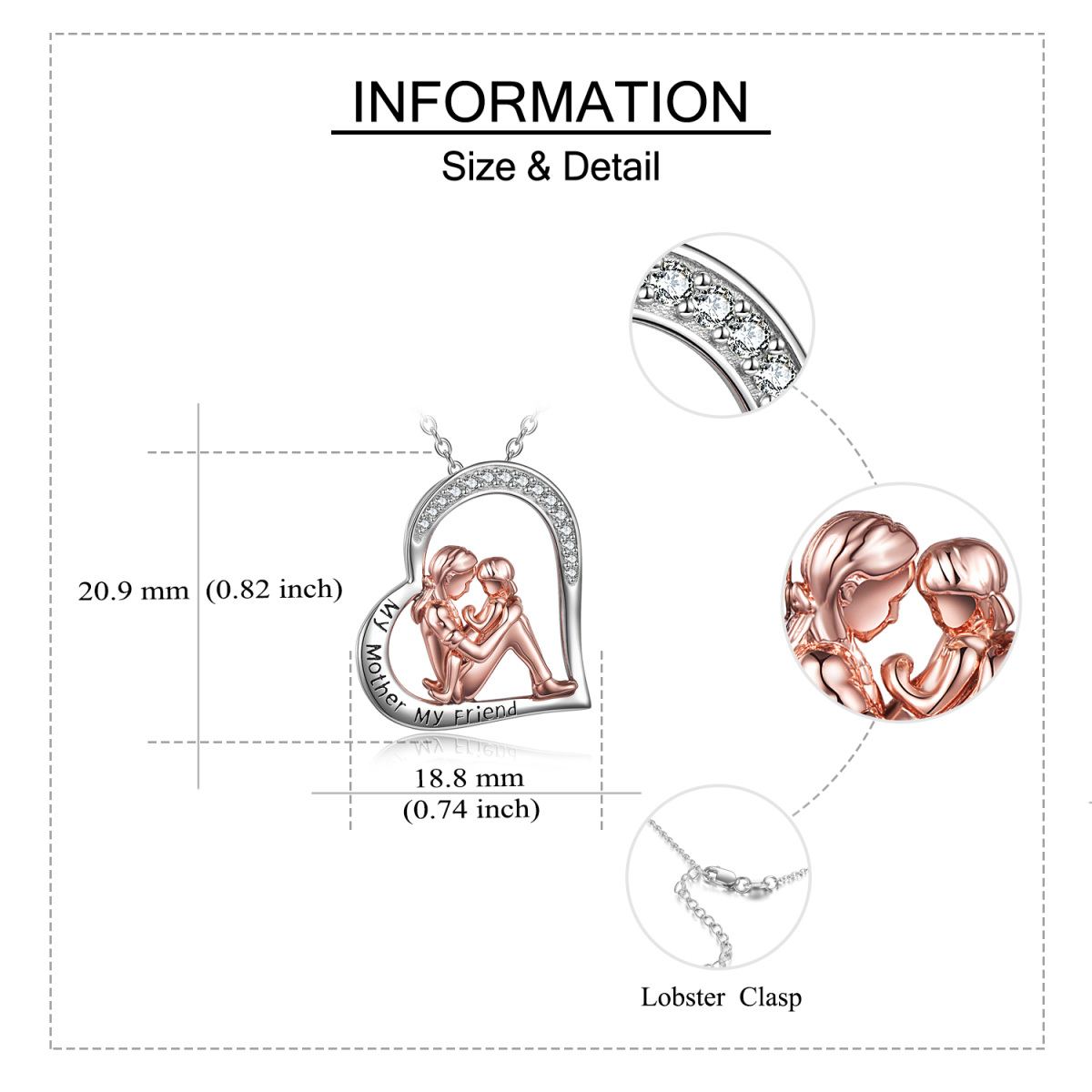 Collar con colgante de corazón de madre e hija con circonita cúbica circular de dos tonos de plata de ley con palabras grabadas para mujer-6