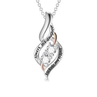 Sterling Silver Two-tone Circular Shaped Cubic Zirconia Mother & Daughter Pendant Necklace with Engraved Word-2