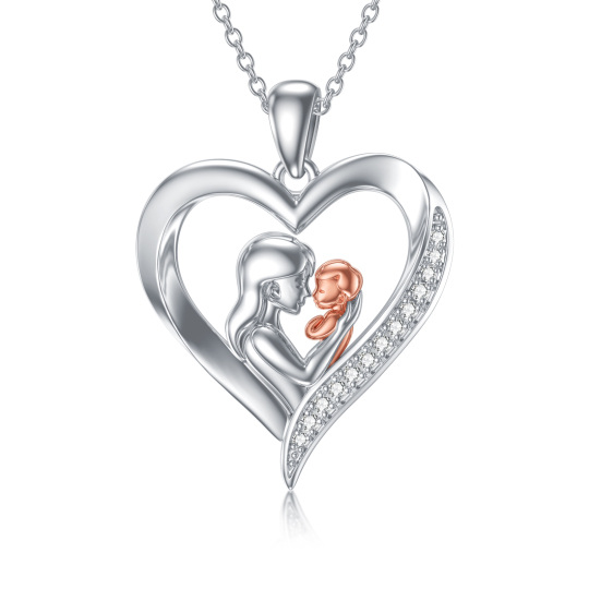 Sterling Silver Two-tone Circular Shaped Cubic Zirconia Mother & Heart Pendant Necklace