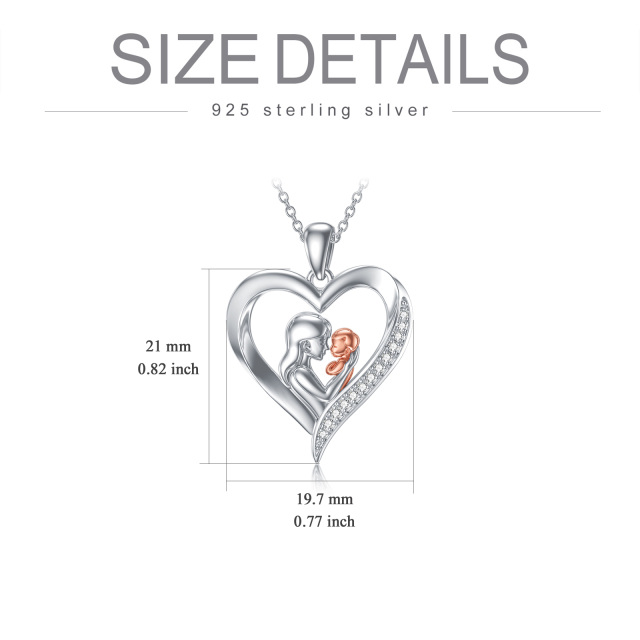 Sterling Silver Two-tone Circular Shaped Cubic Zirconia Mother & Heart Pendant Necklace-6