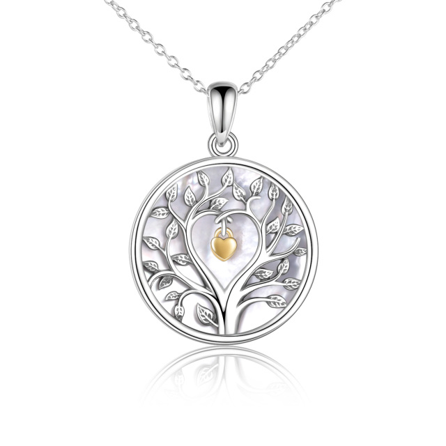 Sterling Silver Two-tone Circular Shaped Mother Of Pearl Tree Of Life Coin Pendant Necklace-1