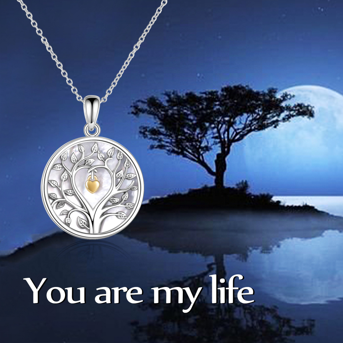 Sterling Silver Two-tone Circular Shaped Mother Of Pearl Tree Of Life Coin Pendant Necklace-5