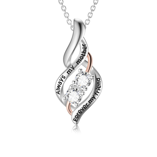 Sterling Silver Two-tone Circular Shaped Cubic Zirconia Mother Pendant Necklace with Engraved Word