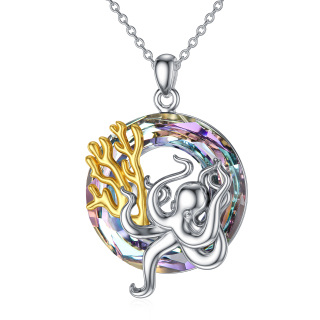 Sterling Silver Two-tone Circular Shaped Octopus Crystal Pendant Necklace-15