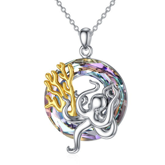 Sterling Silver Two-tone Circular Shaped Octopus Crystal Pendant Necklace