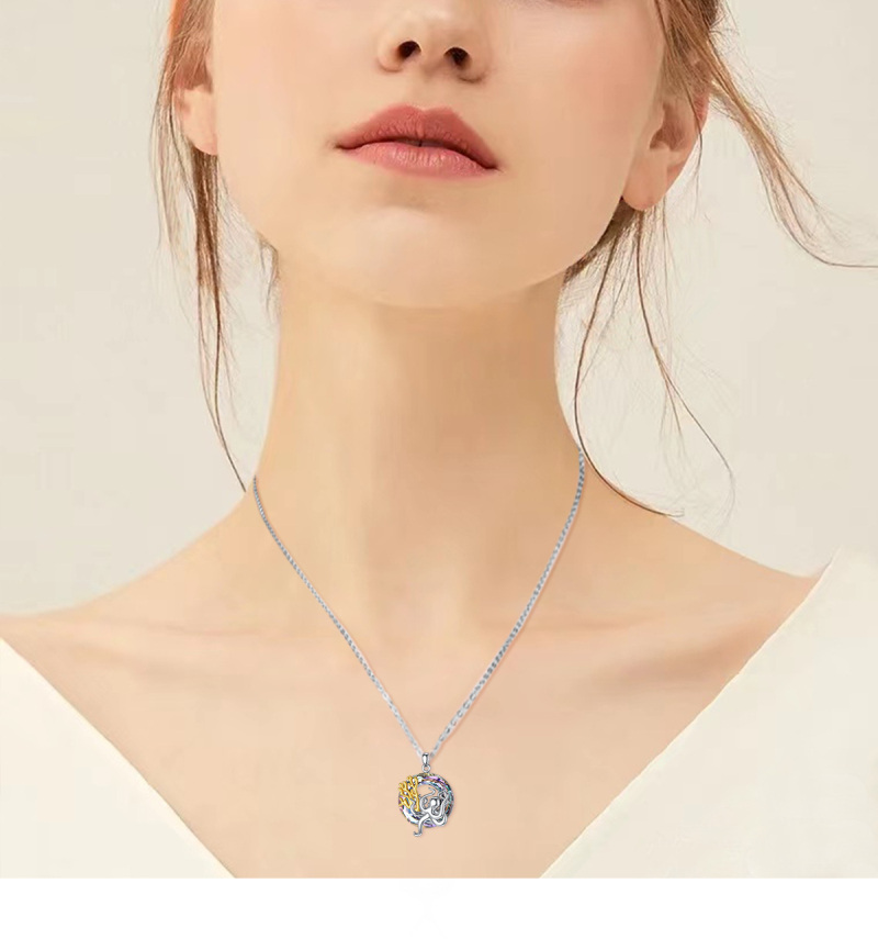 Sterling Silver Two-tone Circular Shaped Octopus Crystal Pendant Necklace-2