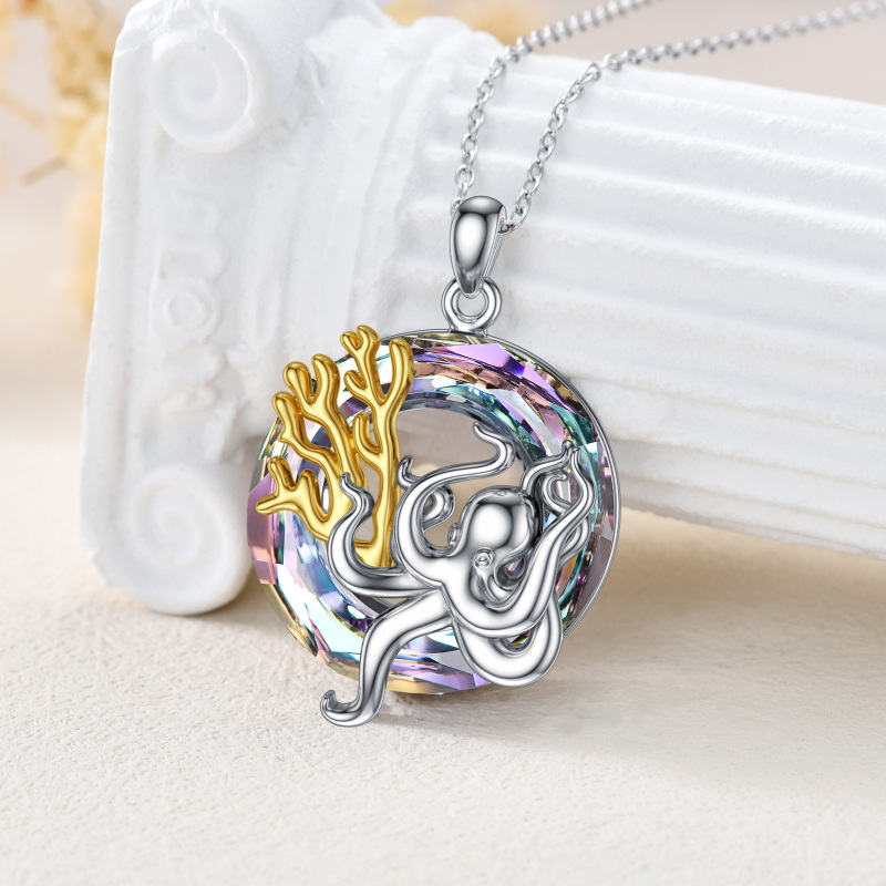 Sterling Silver Two-tone Circular Shaped Octopus Crystal Pendant Necklace-3