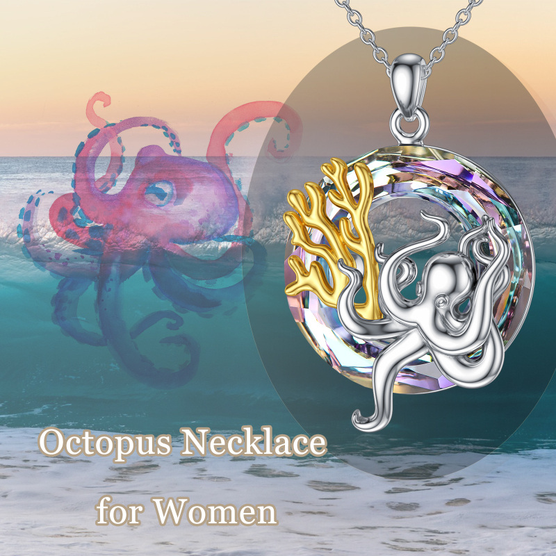 Sterling Silver Two-tone Circular Shaped Octopus Crystal Pendant Necklace-5