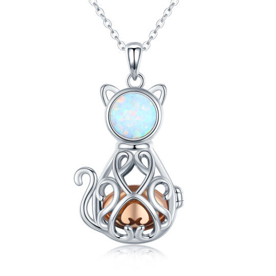 Collana con urna per le ceneri in argento sterling bicolore a forma di cerchio e gatto opale