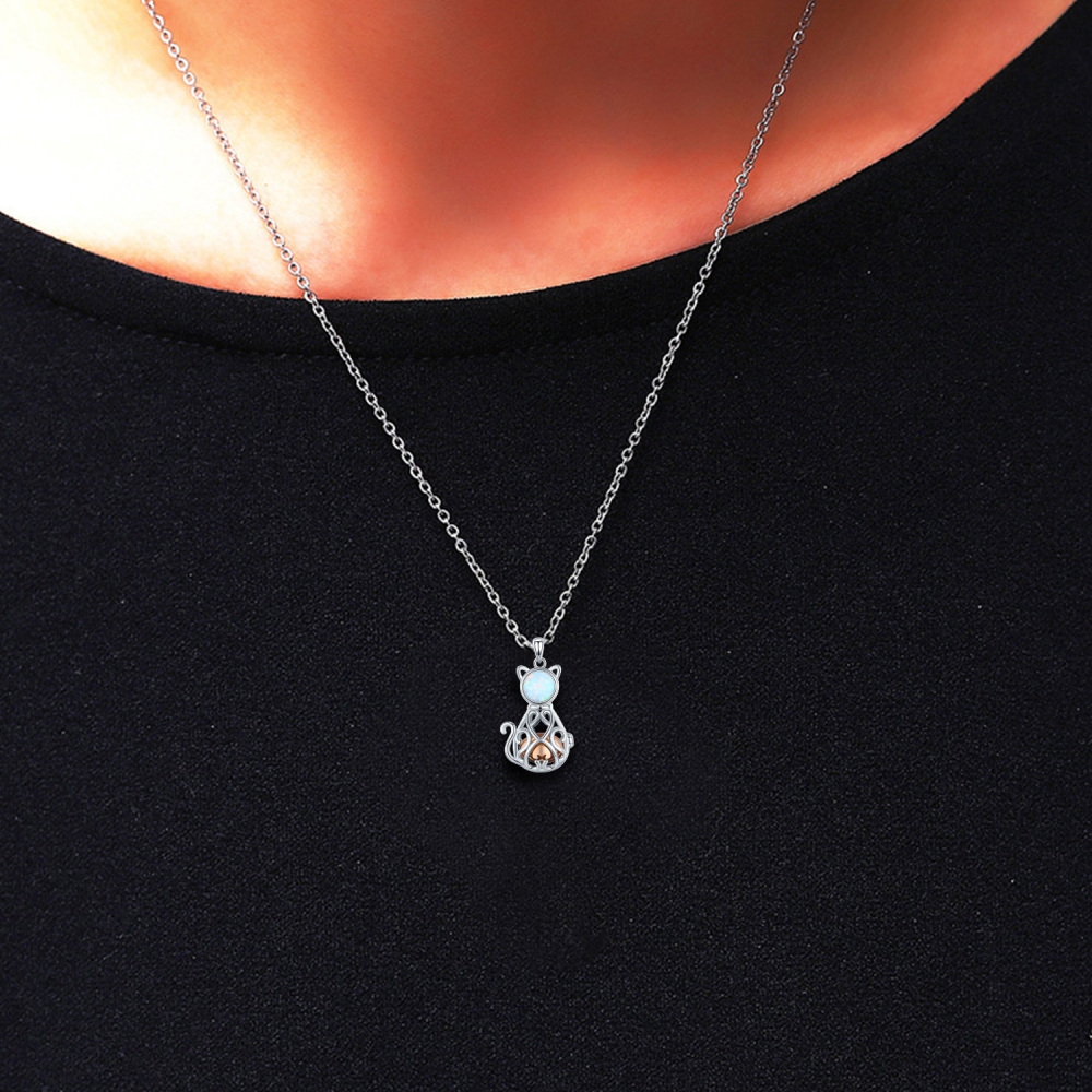 Sterling Silver Two-tone Circular Shaped Opal Cat Urn Necklace for Ashes-3