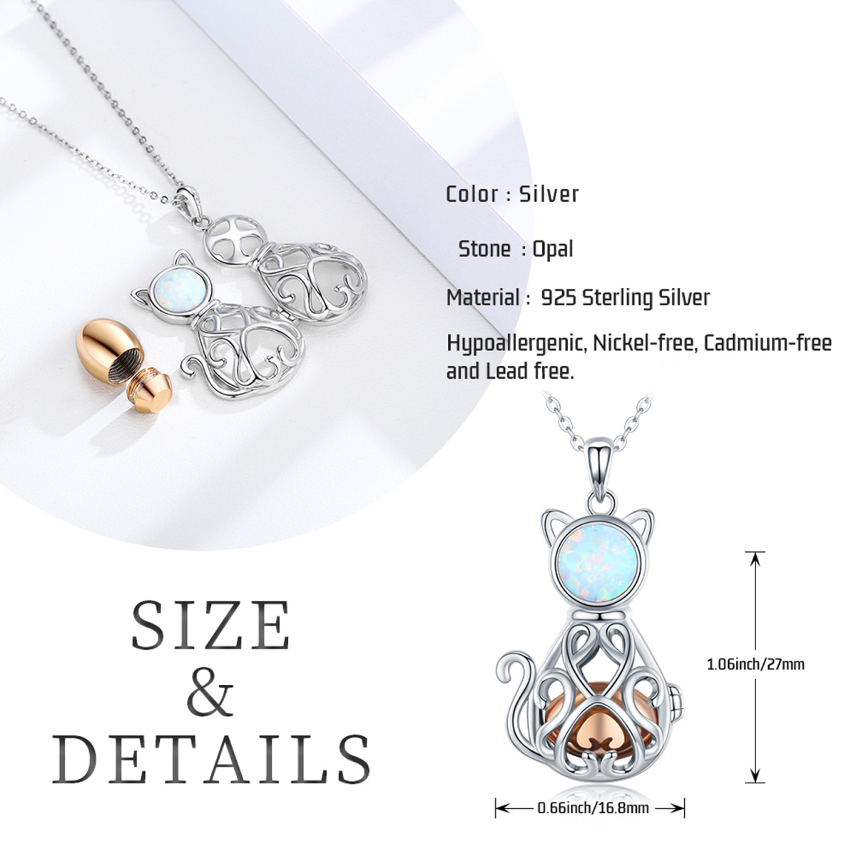 Sterling Silver Two-tone Circular Shaped Opal Cat Urn Necklace for Ashes-5