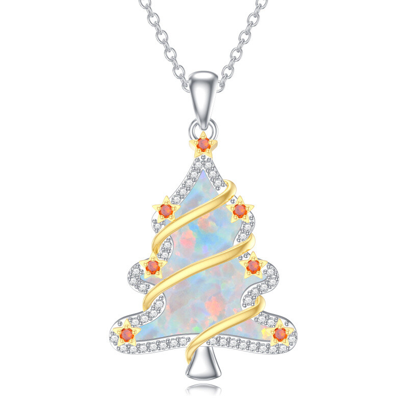 Sterling Silber zweifarbig kreisförmig Cubic Zirkonia & Opal Weihnachtsbaum Anhänger Halsk-1
