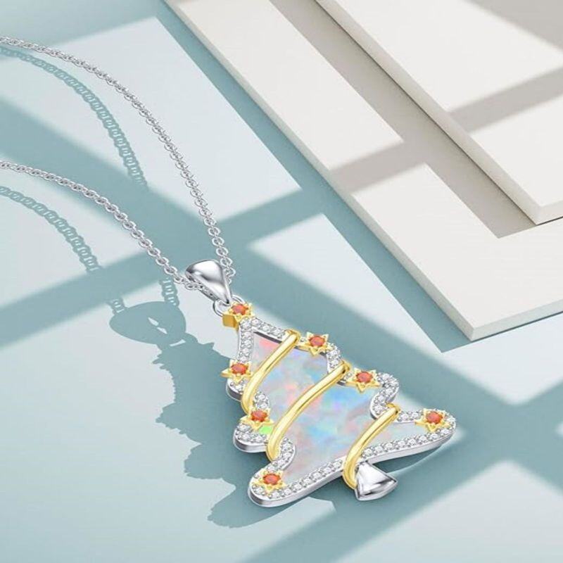 Sterling Silber zweifarbig kreisförmig Cubic Zirkonia & Opal Weihnachtsbaum Anhänger Halsk-3