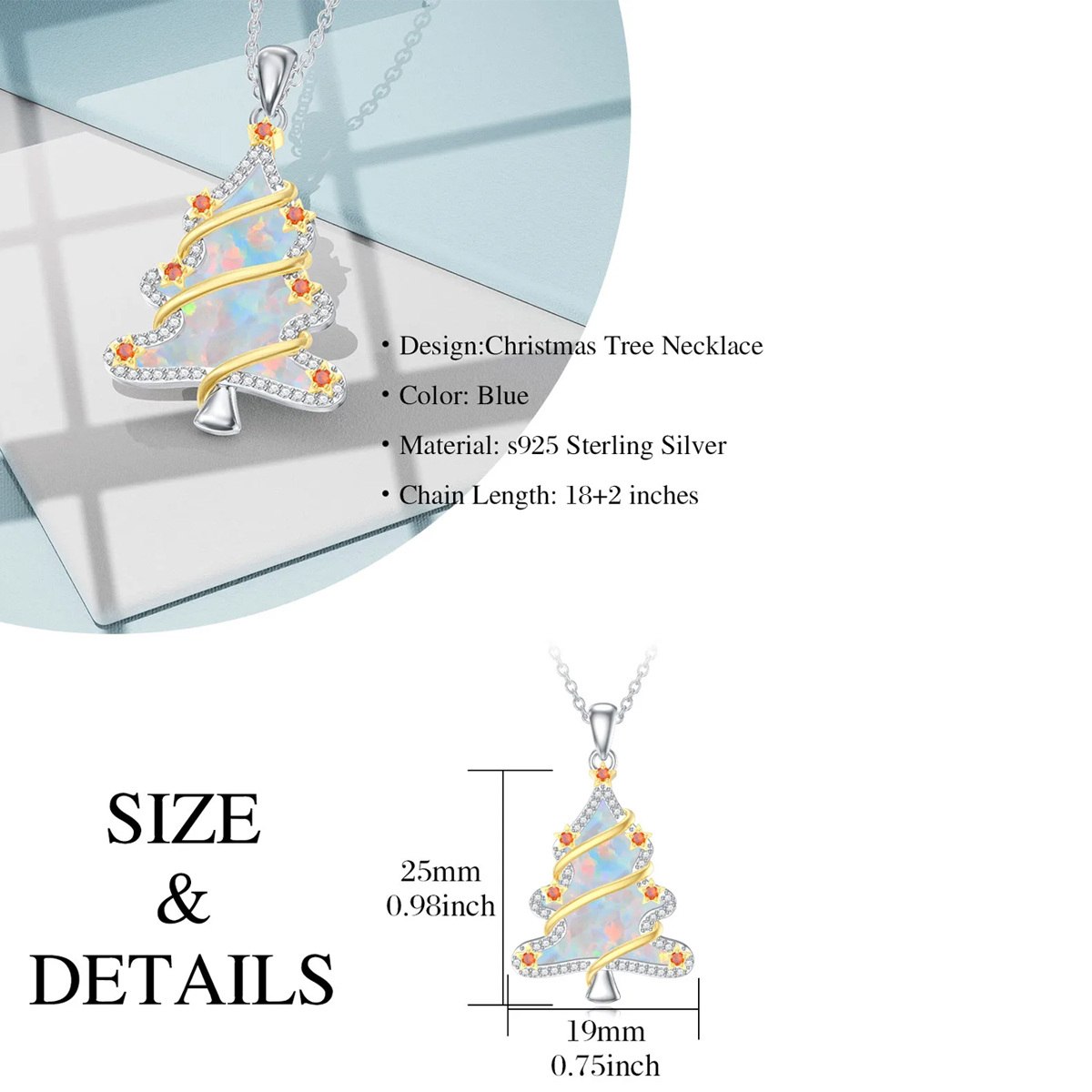 Sterling Silver Two-tone Circular Shaped Cubic Zirconia & Opal Christmas Tree Pendant Necklace-4