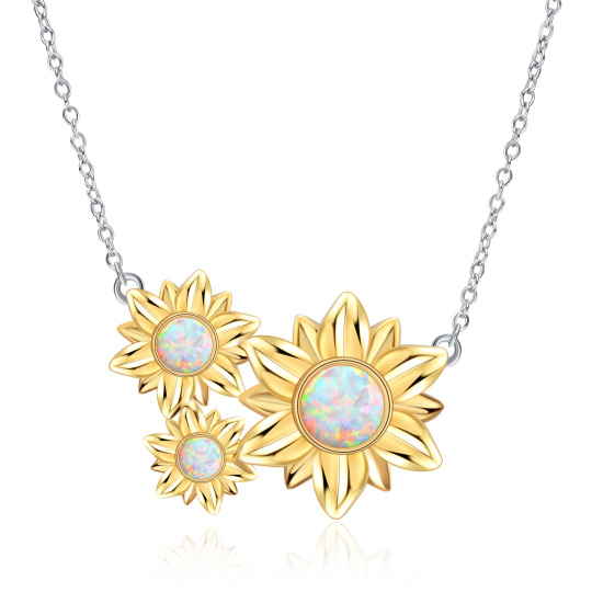 Sterling Silver Two-tone Circular Shaped Opal Sunflower Pendant Necklace