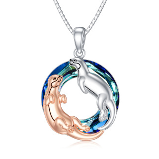 Sterling Silver Two-tone Circular Shaped Otter Crystal Pendant Necklace-3