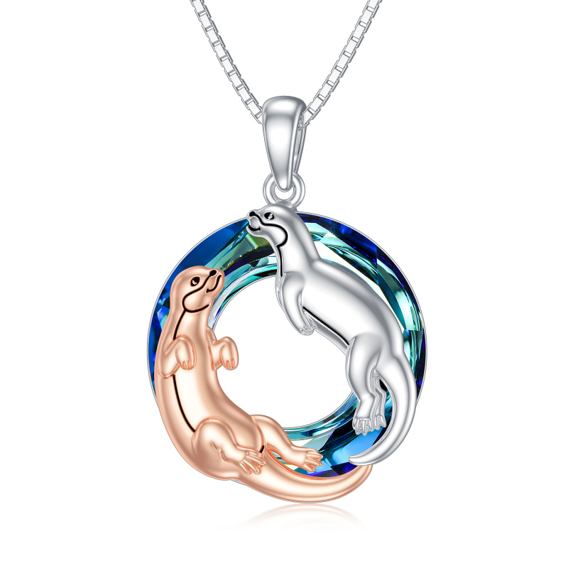 Sterling Silver Two-tone Circular Shaped Otter Crystal Pendant Necklace-15