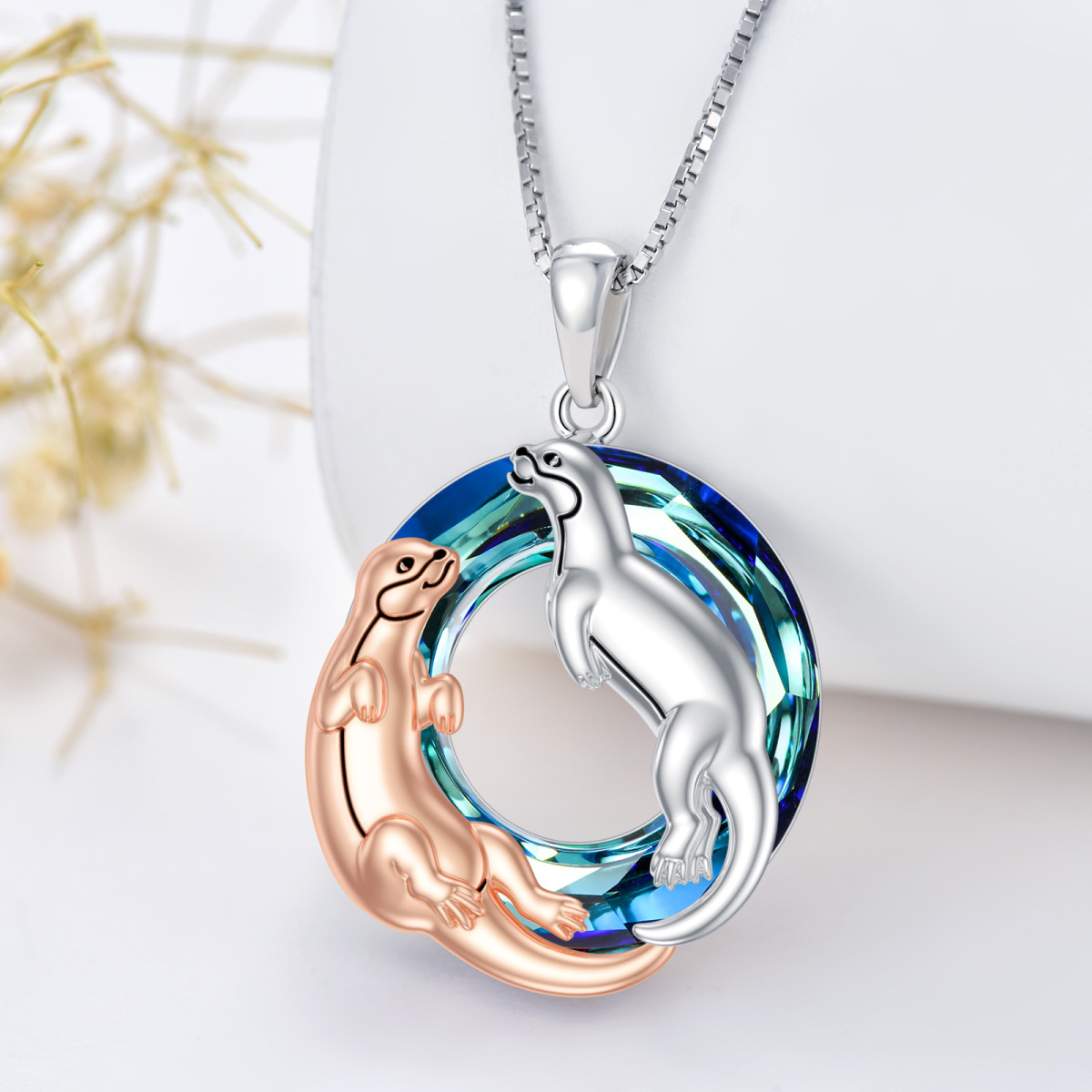 Sterling Silver Two-tone Circular Shaped Otter Crystal Pendant Necklace-3