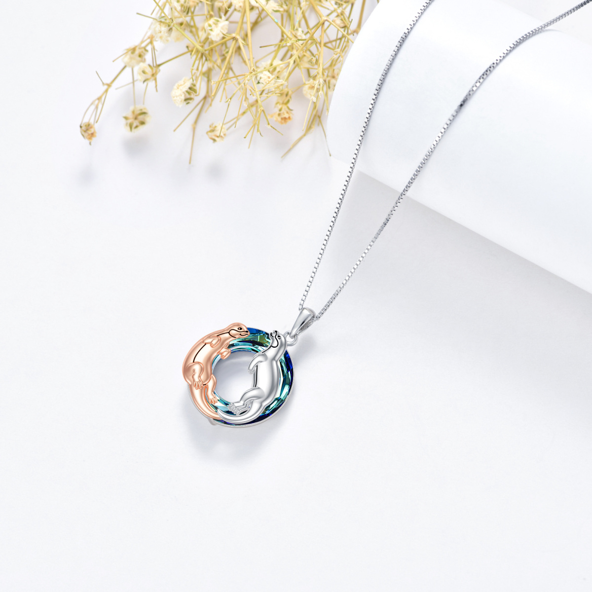 Sterling Silver Two-tone Circular Shaped Otter Crystal Pendant Necklace-4