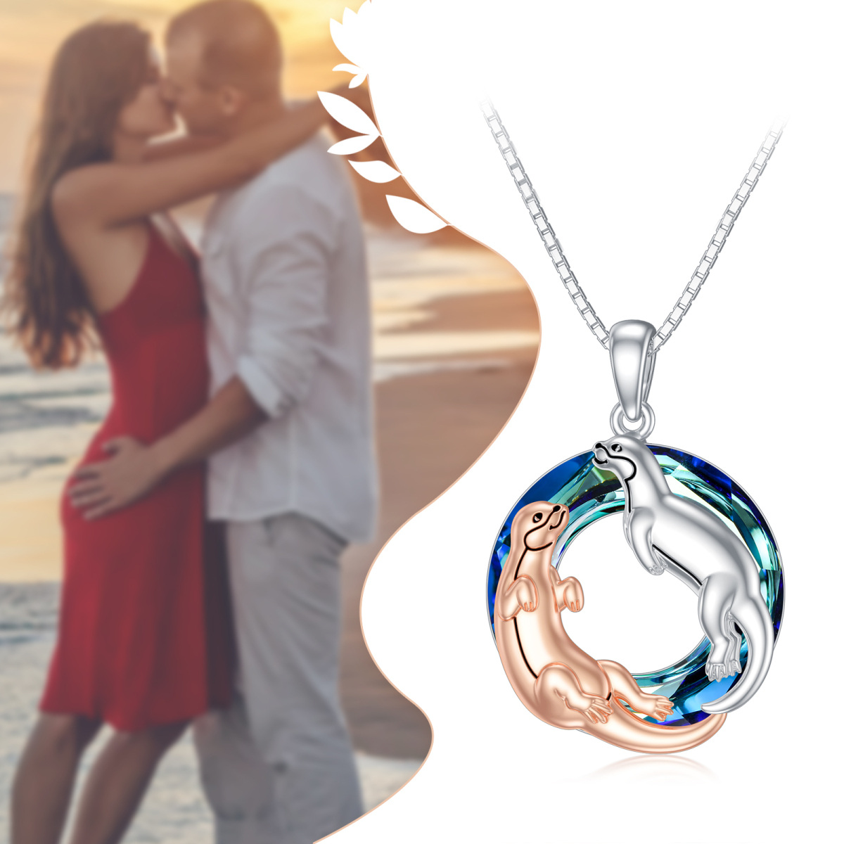 Sterling Silver Two-tone Circular Shaped Otter Crystal Pendant Necklace-5