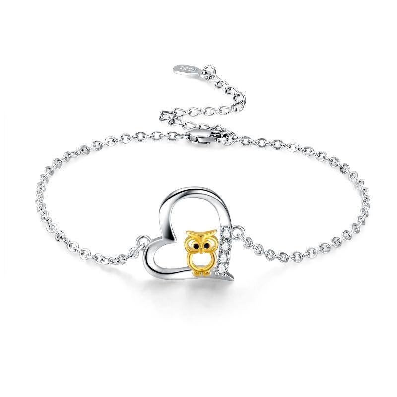 Bracelet en argent sterling bicolore avec pendentif hibou et coeur en zircone cubique-1