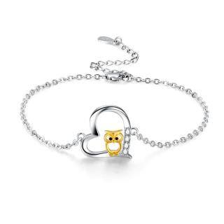 Sterling Silver Two-tone Circular Shaped Cubic Zirconia Owl & Heart Pendant Bracelet-2