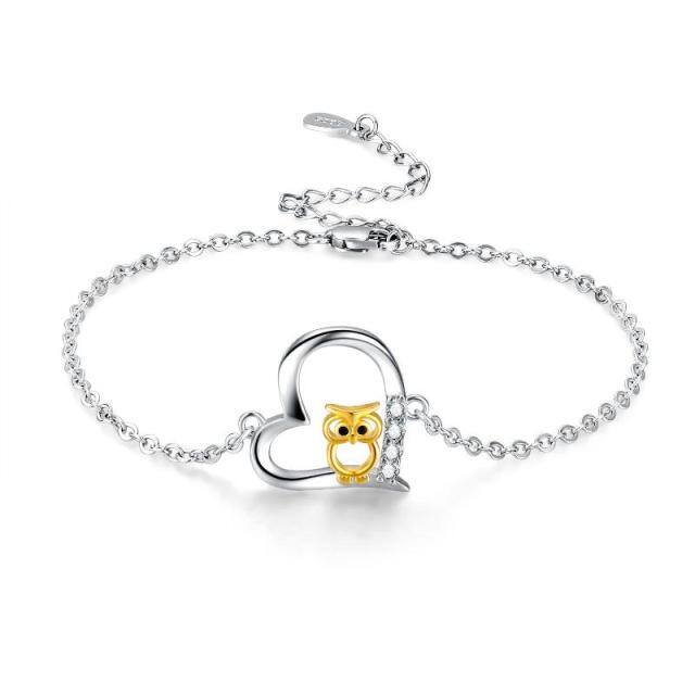 Sterling Silver Two-tone Circular Shaped Cubic Zirconia Owl & Heart Pendant Bracelet-4