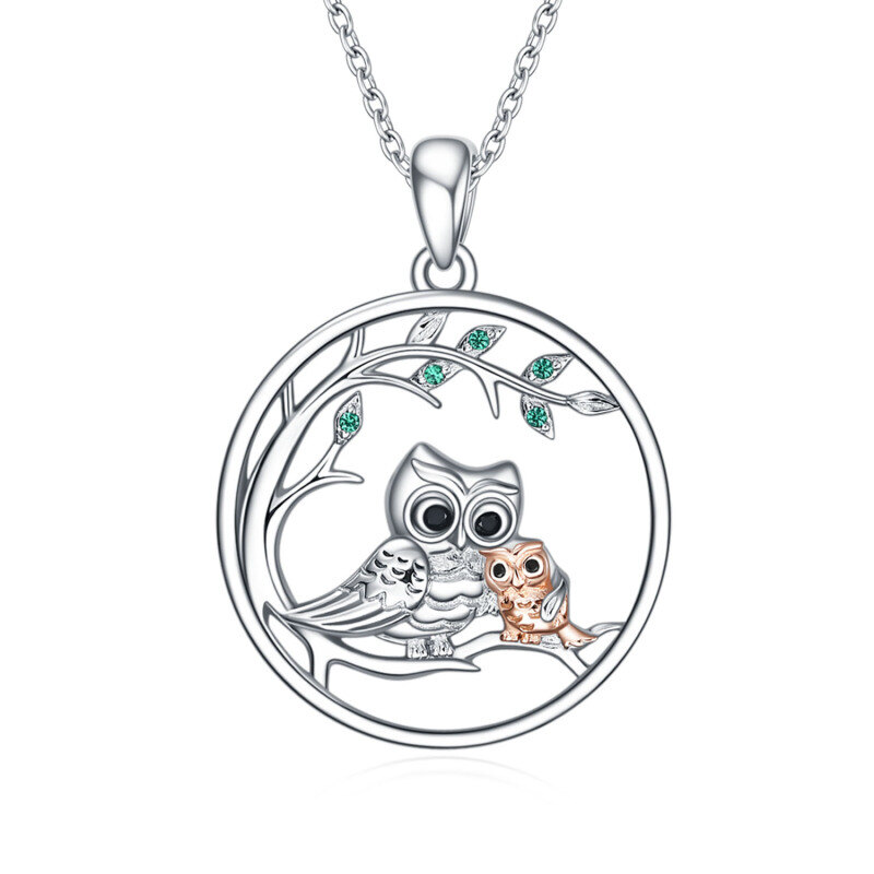 Sterling Silver Two-tone Circular Shaped Cubic Zirconia Owl Pendant Necklace For Mother & Daughter-3