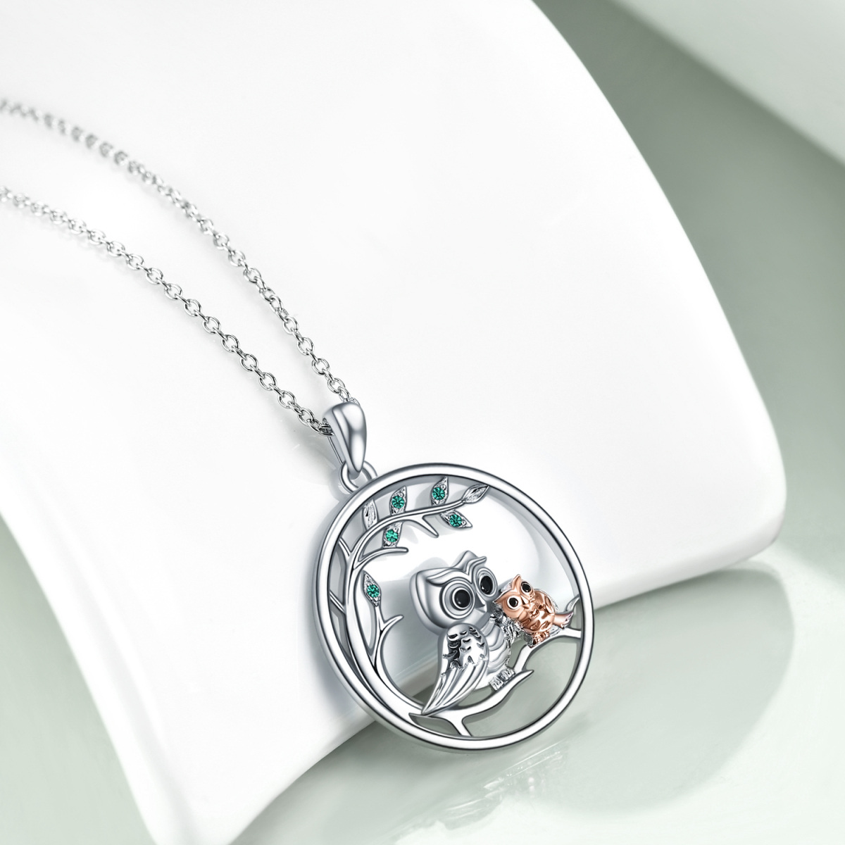 Sterling Silver Two-tone Circular Shaped Cubic Zirconia Owl Pendant Necklace For Mother & Daughter-3