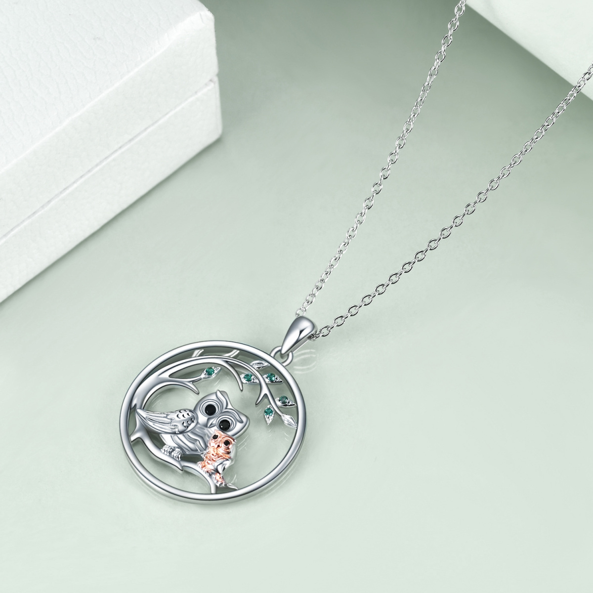 Sterling Silver Two-tone Circular Shaped Cubic Zirconia Owl Pendant Necklace For Mother & Daughter-4