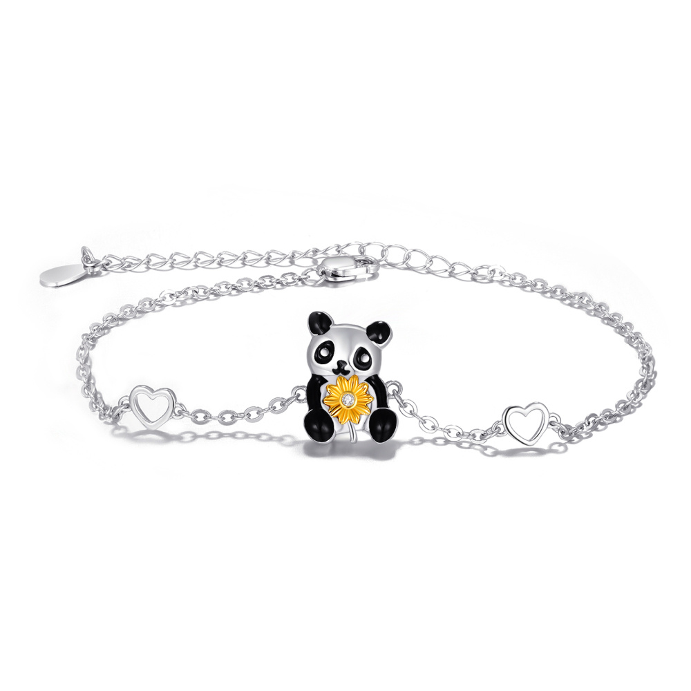 Sterling Silver Two-tone Circular Shaped Cubic Zirconia Panda & Sunflower & Heart Charm Bracelet-1