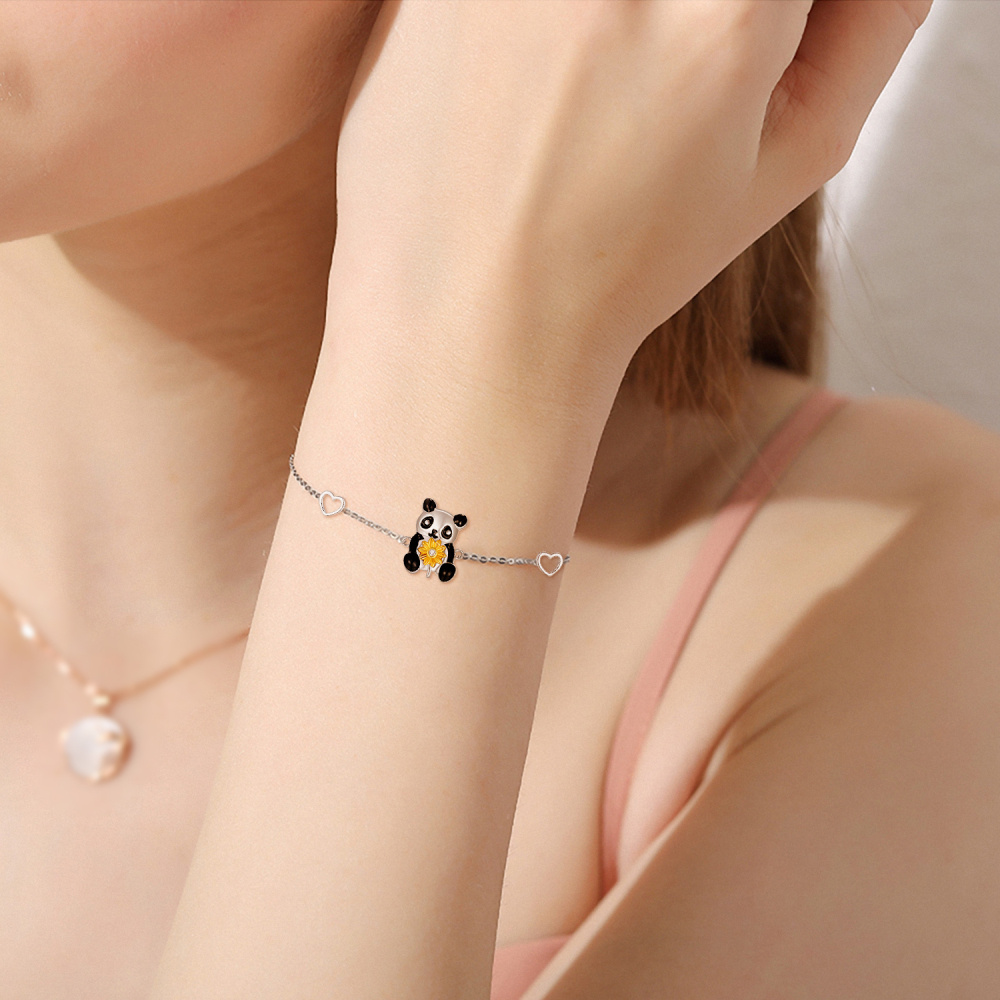 Sterling Silver Two-tone Circular Shaped Cubic Zirconia Panda & Sunflower & Heart Charm Bracelet-2