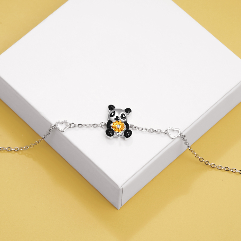 Sterling Silver Two-tone Circular Shaped Cubic Zirconia Panda & Sunflower & Heart Charm Bracelet-3