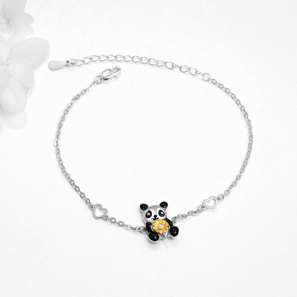 Sterling Silver Two-tone Circular Shaped Cubic Zirconia Panda & Sunflower & Heart Charm Bracelet-4