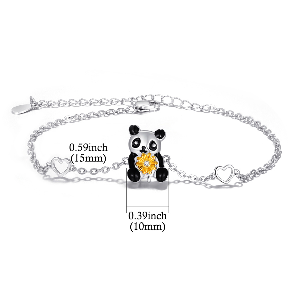 Sterling Silver Two-tone Circular Shaped Cubic Zirconia Panda & Sunflower & Heart Charm Bracelet-5
