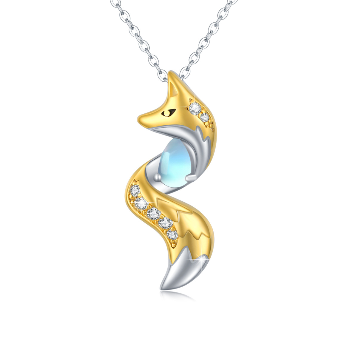 Sterling Silver Two-Tone Pear Cubic Zirconia Moonstone Fox Pendant Necklace For Women-1