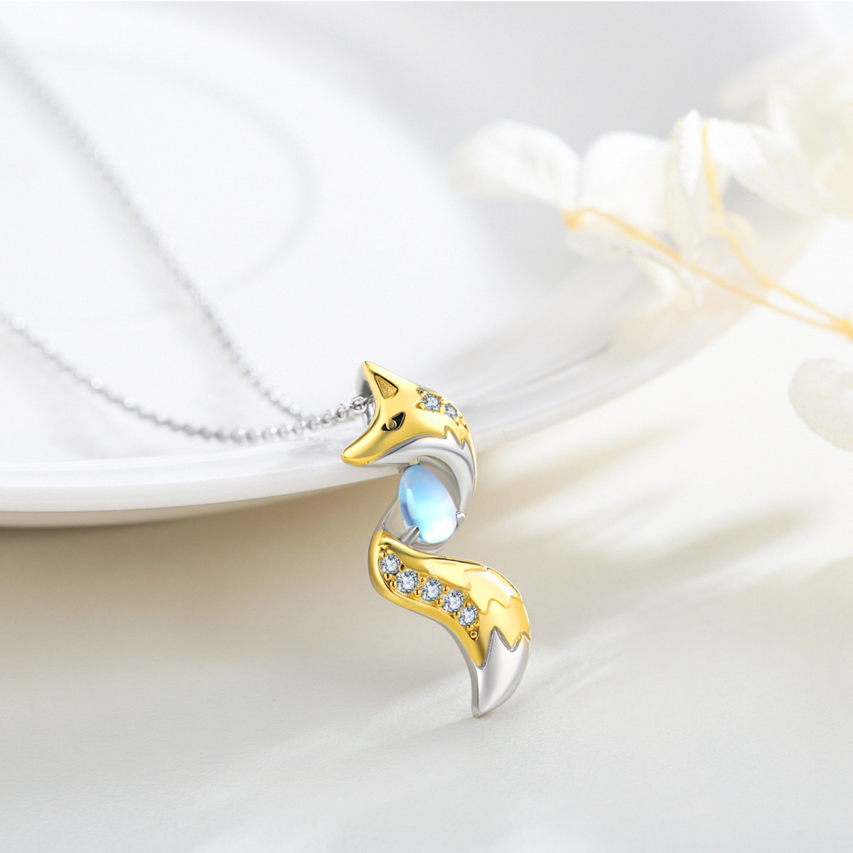 Sterling Silver Two-Tone Pear Cubic Zirconia Moonstone Fox Pendant Necklace For Women-4