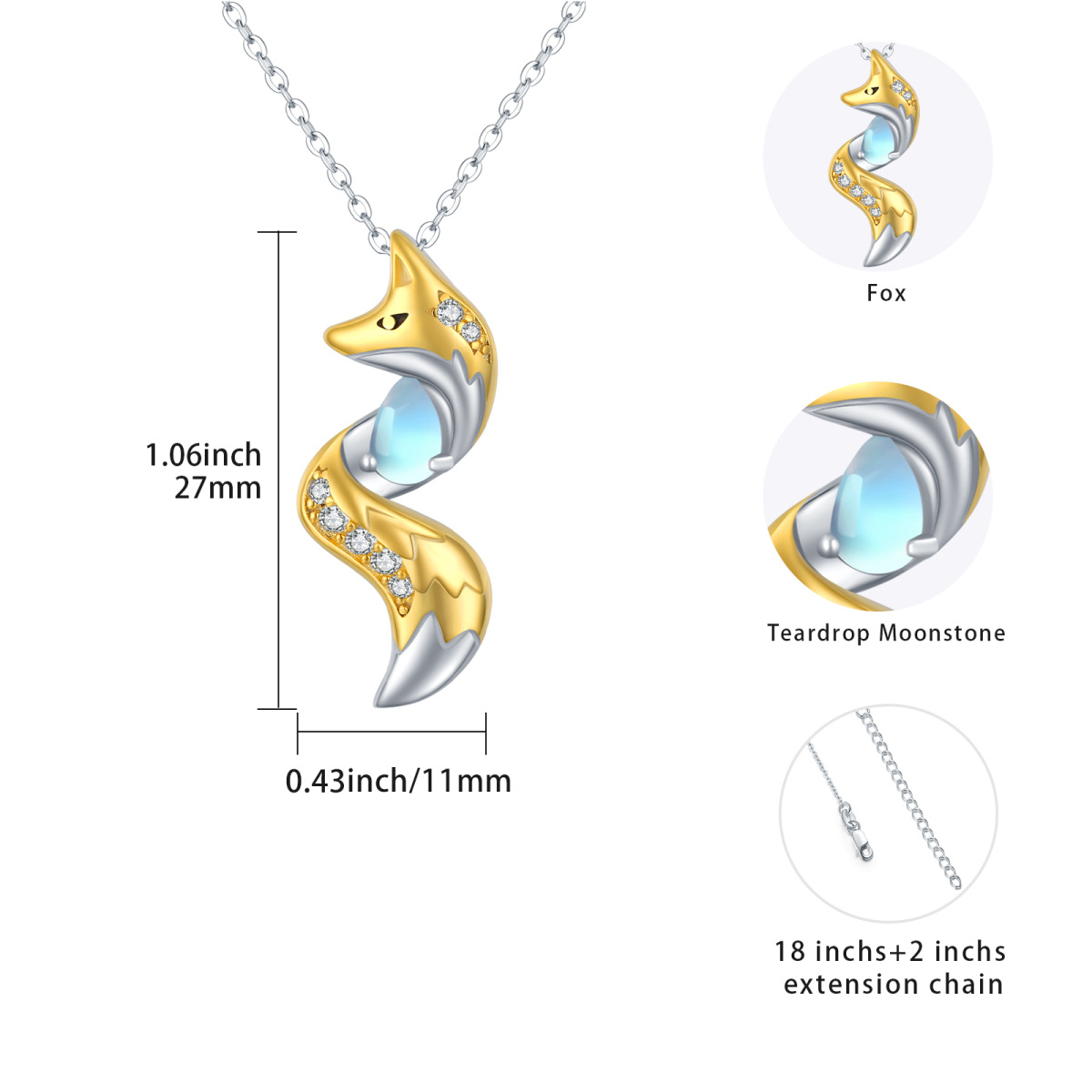 Colar com pingente de raposa de pedra lunar de zircônia cúbica de dois tons de prata esterlina para mulheres-5