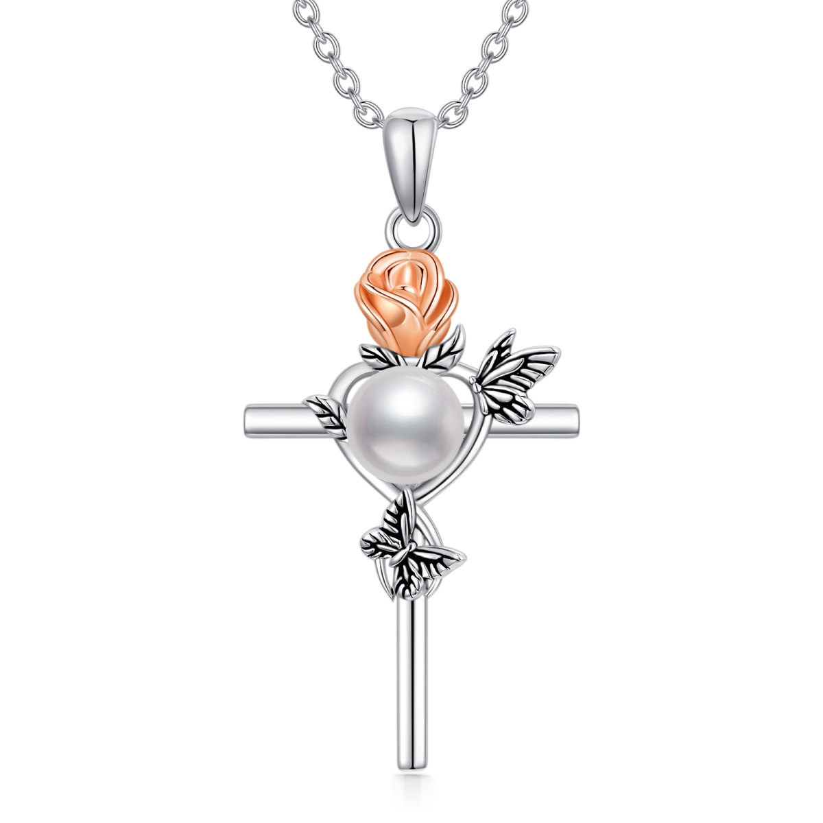 Sterling Silber zweifarbig kreisförmig Perle Schmetterling & Rose & Kreuz Anhänger Halsket-1