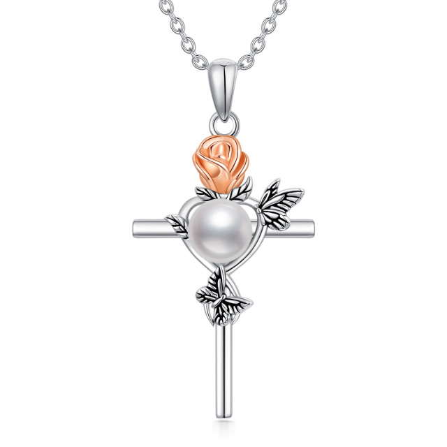 Sterling Silver Two-tone Circular Shaped Pearl Butterfly & Rose & Cross Pendant Necklace-1