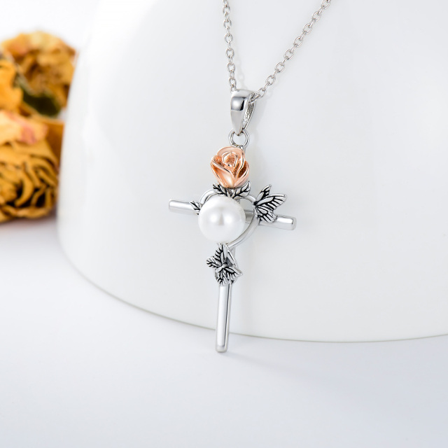 Sterling Silver Two-tone Circular Shaped Pearl Butterfly & Rose & Cross Pendant Necklace-3