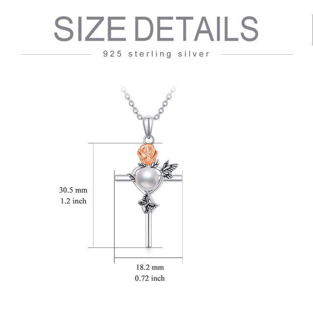 Sterling Silver Two-tone Circular Shaped Pearl Butterfly & Rose & Cross Pendant Necklace-5